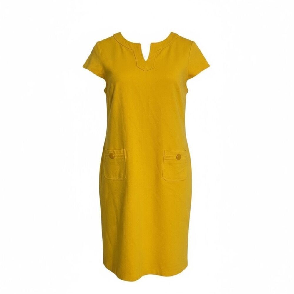Talbots Ponte Knit Split Neck Cap Sleeve Pockets Career Sheath Dress Yellow Sz 8